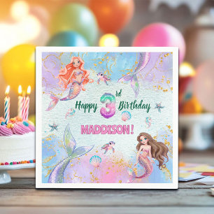 Pink Purple Glitter Mermaids 3rd Birthday Party Napkin