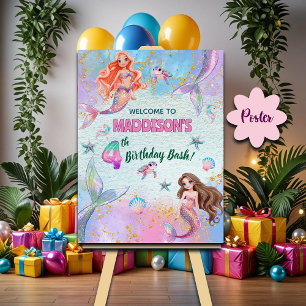 Pink Purple Glitter Mermaids 4th Birthday Welcome Poster