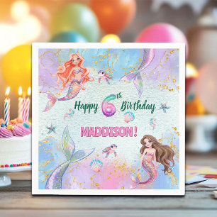 Pink Purple Glitter Mermaids 6th Birthday Party Napkin