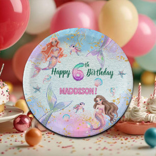 Pink Purple Glitter Mermaids 6th Birthday Party Paper Plate