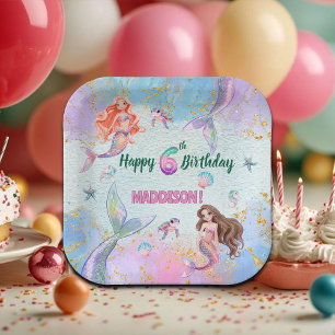 Pink Purple Glitter Mermaids 6th Birthday Party Paper Plate