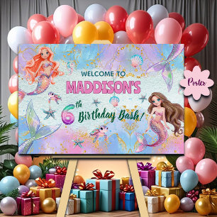 Pink Purple Glitter Mermaids 6th Birthday Welcome Poster
