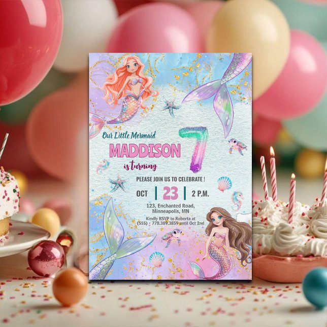 Pink Purple Glitter Mermaids 7th Birthday Party Invitation (Creator Uploaded)