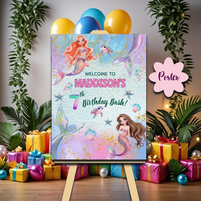 Pink Purple Glitter Mermaids 7th Birthday Welcome Poster (Creator Uploaded)