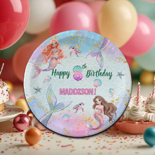 Pink Purple Glitter Mermaids 8th Birthday Party Paper Plate