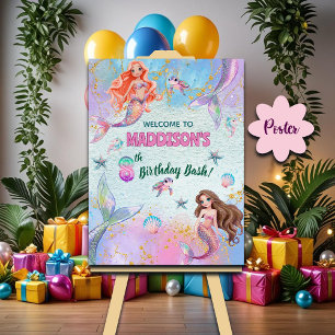 Pink Purple Glitter Mermaids 8th Birthday Welcome Poster
