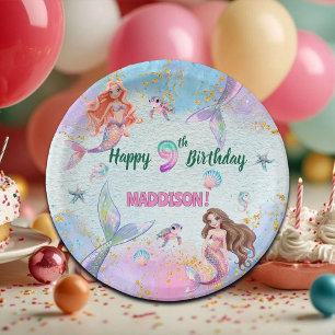 Pink Purple Glitter Mermaids 9th Birthday Party Paper Plate