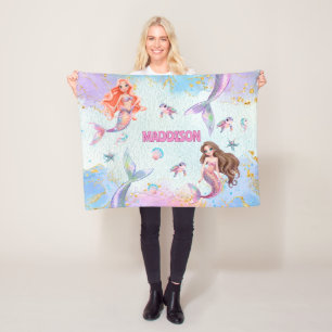 Pink Purple Glitter Mermaids Add Name Fleece Blanket