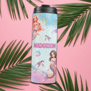 Pink Purple Glitter Mermaids Add Name Thermal Tumbler