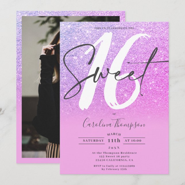 Pink purple glitter ombre font photo Sweet 16 Invitation (Front/Back)