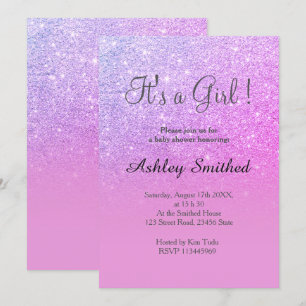 Pink purple glitter pink ombre girl baby shower invitation