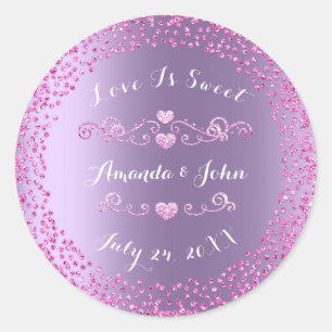Pink Purple Glitter Save the Date Love is Sweet Classic Round Sticker