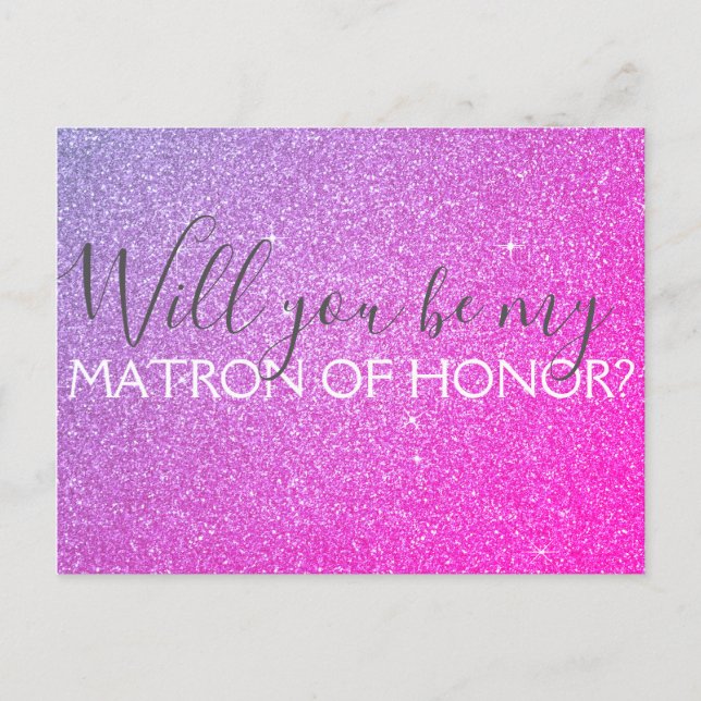 Pink Purple Glitter & Sparkle Matron of Honour Invitation Postcard (Front)