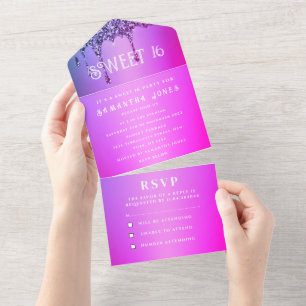 Pink Purple Glitter Sparkle Modern Sweet 16 All In One Invitation