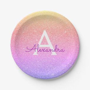 Pink Purple Glitter & Sparkle Monogram Birthday Paper Plate