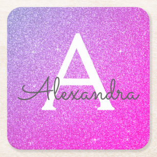 Pink Purple Glitter & Sparkle Monogram Birthday Square Paper Coaster
