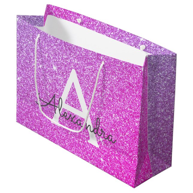 Pink - Purple Glitter & Sparkle Monogram Large Gift Bag (Front Angled)
