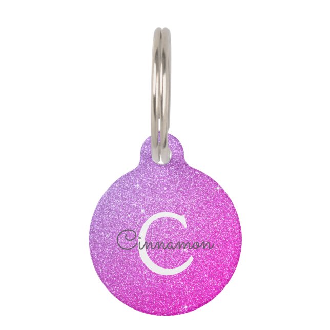 Pink Purple Glitter & Sparkle Monogram Name Pet Tag (Front)