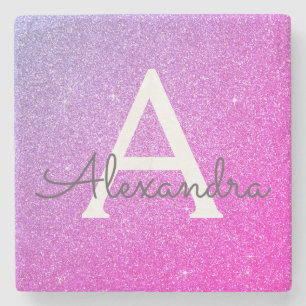 Pink Purple Glitter & Sparkle Monogram Stone Coaster