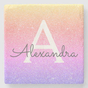 Pink Purple Glitter & Sparkle Monogram Stone Coaster