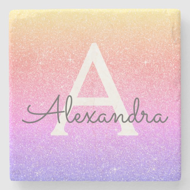Pink Purple Glitter & Sparkle Monogram Stone Coaster (Front)