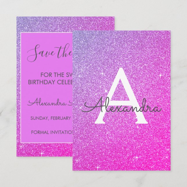 Pink Purple Glitter Sweet 16 Save the Date Invitation (Front/Back)