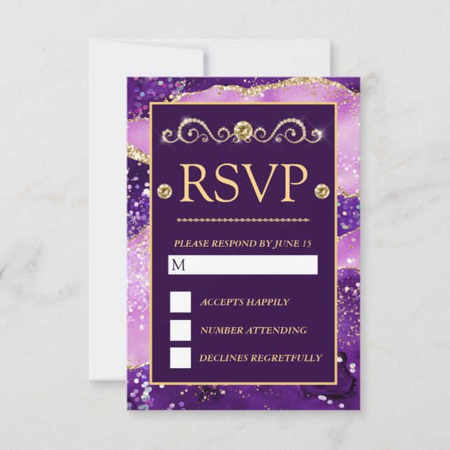 Pink Purple Gold Agate Pattern Wedding RSVP Card (Front)