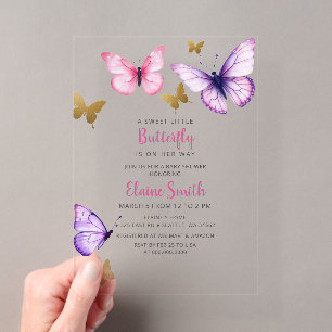 Pink Purple Gold Butterfly Baby Shower Acrylic Invitations