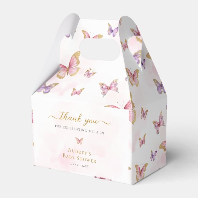 Pink Purple Gold Butterfly Girl Baby Shower Favor Box (Front Side)