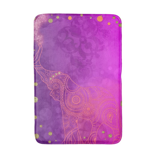 Pink Purple Gold Elephant Exotic Bright Good Luck Bath Mat (Front Vertical)