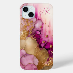 Pink Purple Gold Marble Personalized Monogram iPhone 15 Mini Case