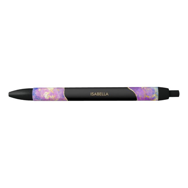 Pink Purple Gold Opal Gemstone Personalize Name Black Ink Pen (Front)