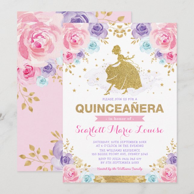 Pink Purple Gold Roses Princess Quinceañera Invitation (Front/Back)