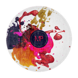 Pink Purple Gold Splatter Monogram Cutting Board