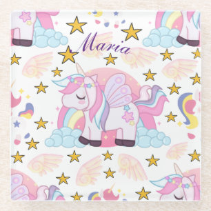 Pink Purple Gold Star Unicorn Name Monogram Glass Coaster