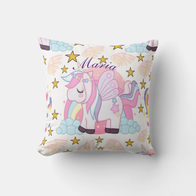 Pink Purple Gold Star Unicorn Name Monogram Throw Pillow (Front)