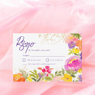 Pink purple gold summer floral watercolor RSVP card