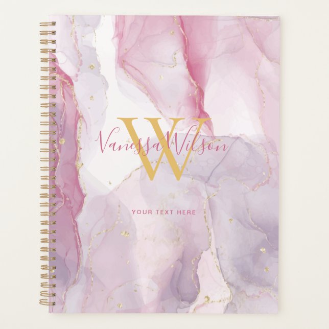 Pink Purple Gold Watercolor Monogram Script Planner (Front)