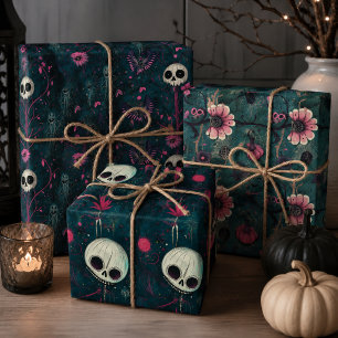 Pink & Purple Gothic Halloween Skulls & Flowers Wrapping Paper Sheet