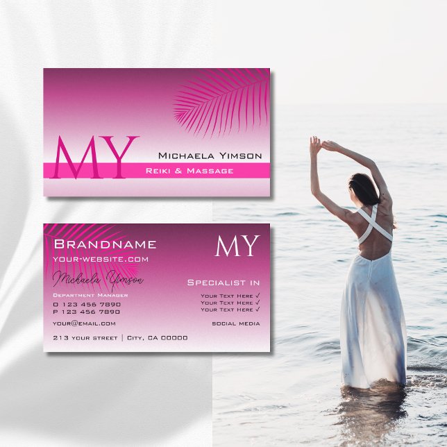Pink Purple Gradient and Palm Leaf with Monogram Business Card (Creator Uploaded)