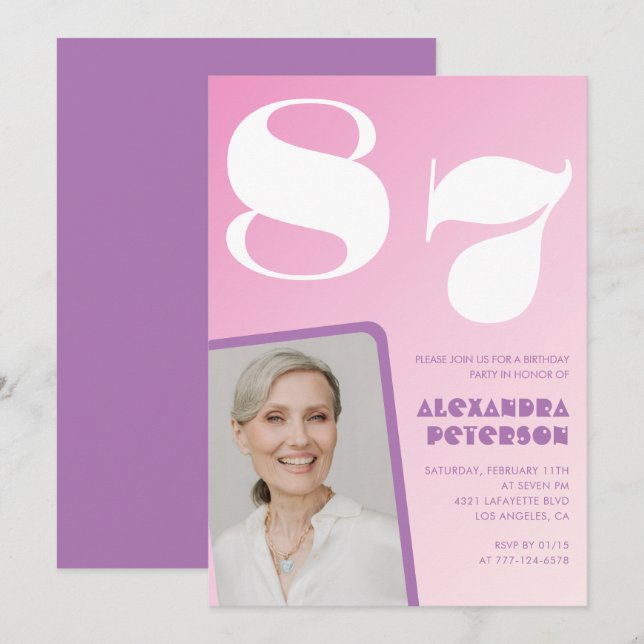 Pink Purple Gradient Photo 87th birthday Invitation (Front/Back)