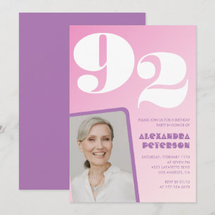 Pink Purple Gradient Photo 92nd birthday Invitation