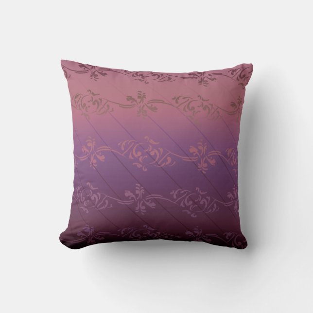 Pink Purple Gradient Striped Floral Leaf Pattern Throw Pillow (Front)