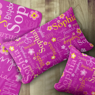 Pink purple graphic flowers text name personalize lumbar pillow