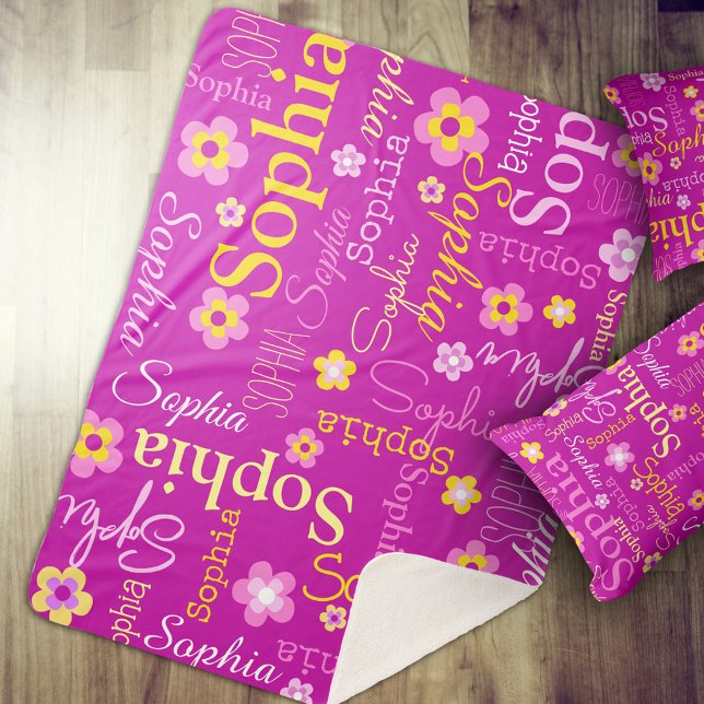 Pink purple graphic flowers text name personalize sherpa blanket (Creator Uploaded)