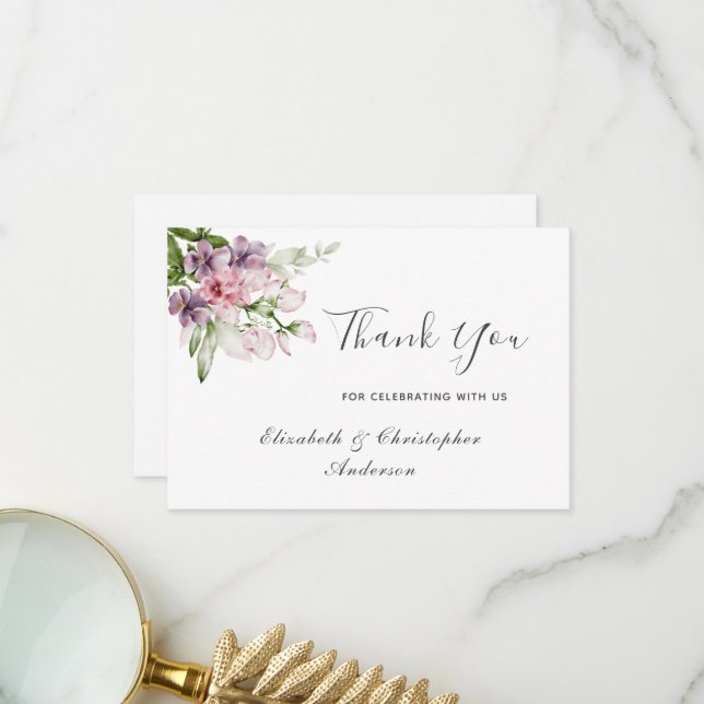 Pink Purple Green Floral Wedding Thank You Card (Front/Back In Situ)