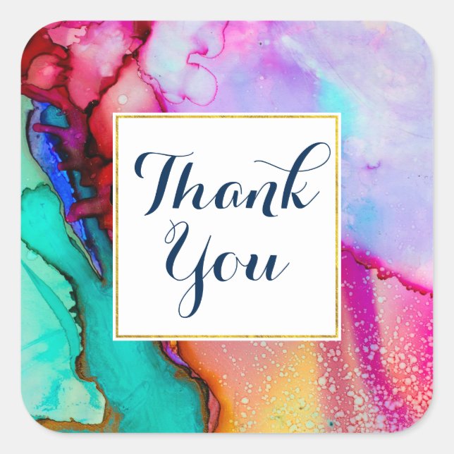 Pink Purple Green Marble Abstract Watercolor Square Sticker (Front)