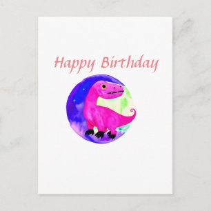 Pink purple green watercolor dinosaur birthday  postcard
