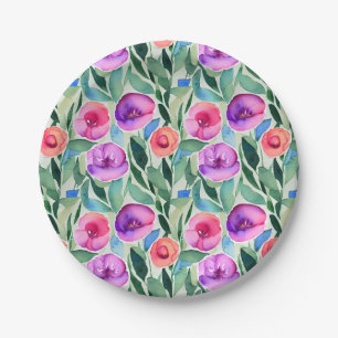 Pink, Purple, Green Watercolor Flowers Paper Plate