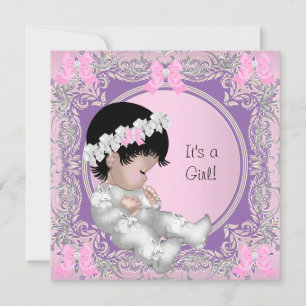 Pink Purple Grey Baby Shower Cute Baby Girl Invitation